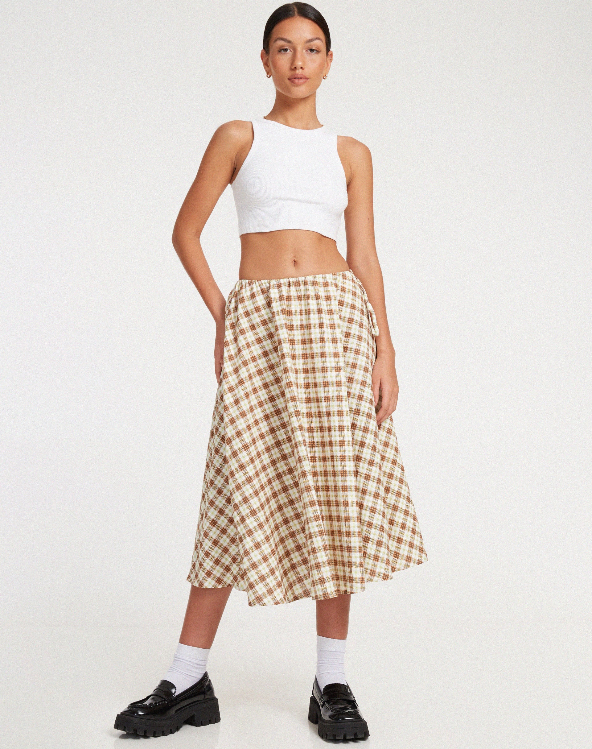 Takara Midi Skirt in Yellow and Brown Check - Image 3