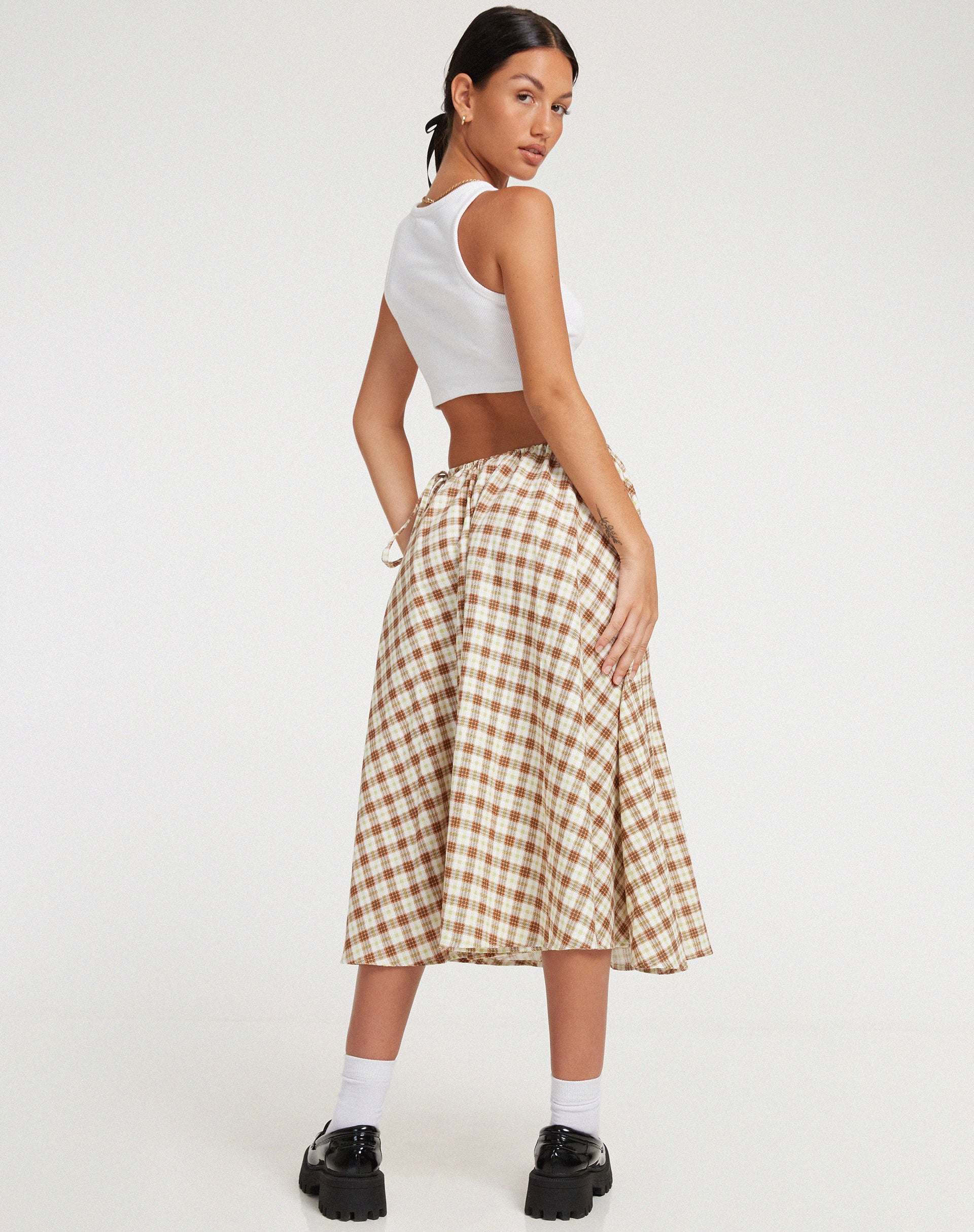 Takara Midi Skirt in Yellow and Brown Check - Image 4