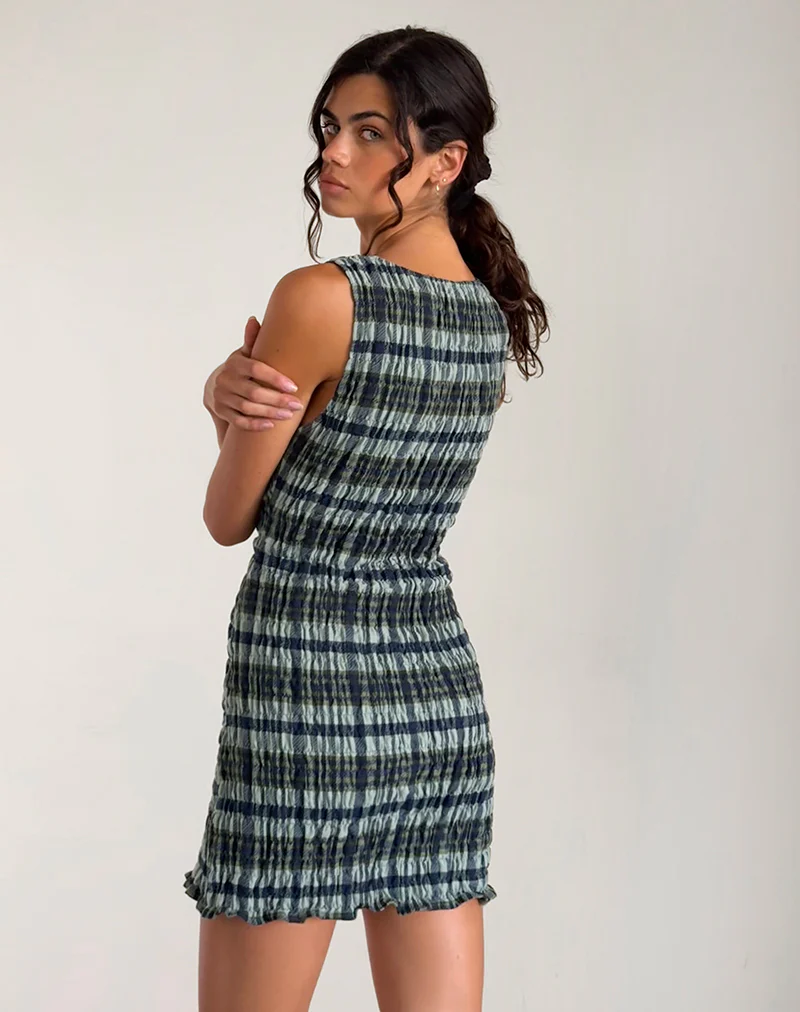 Takayi Mini Dress in Linen Mono Check Green - Image 3