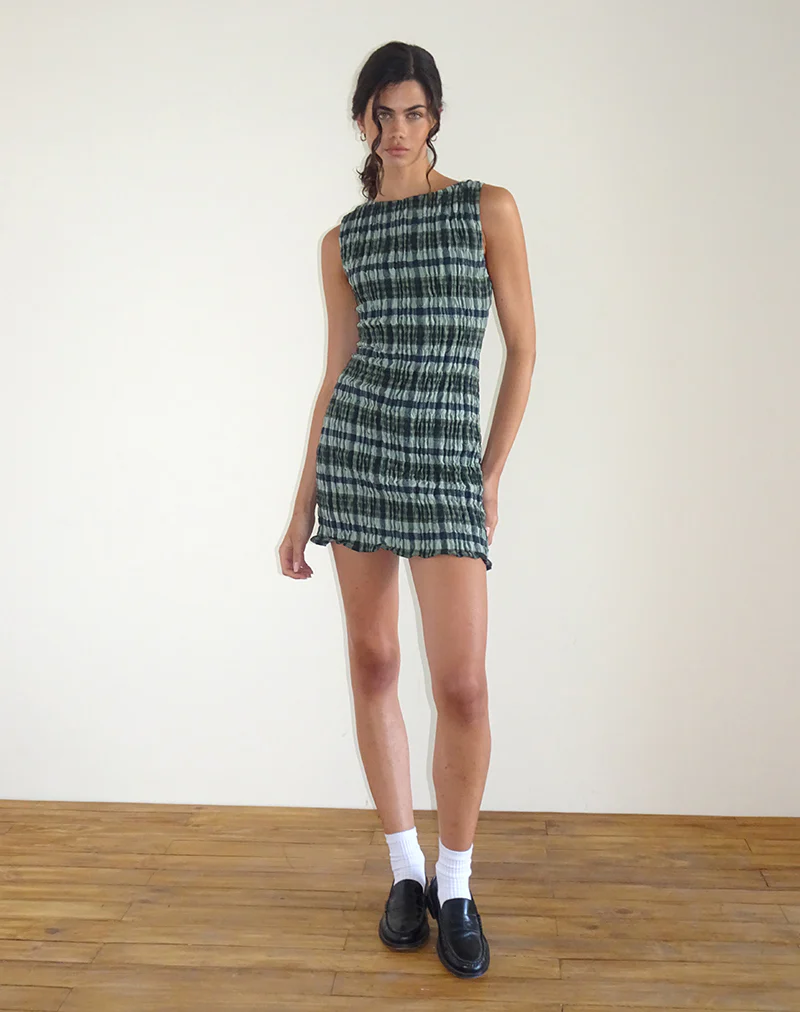 Takayi Mini Dress in Linen Mono Check Green - Image 5