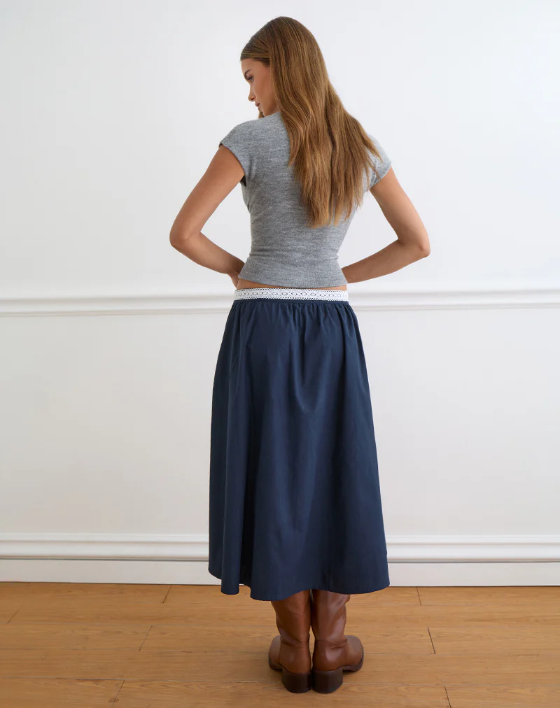 Takira Midi Skirt in Dark Navy with Lace Trim - Image 4