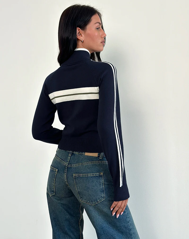 Takiya Zip Through Jacket in Deep Navy with 92 Design - Image 3