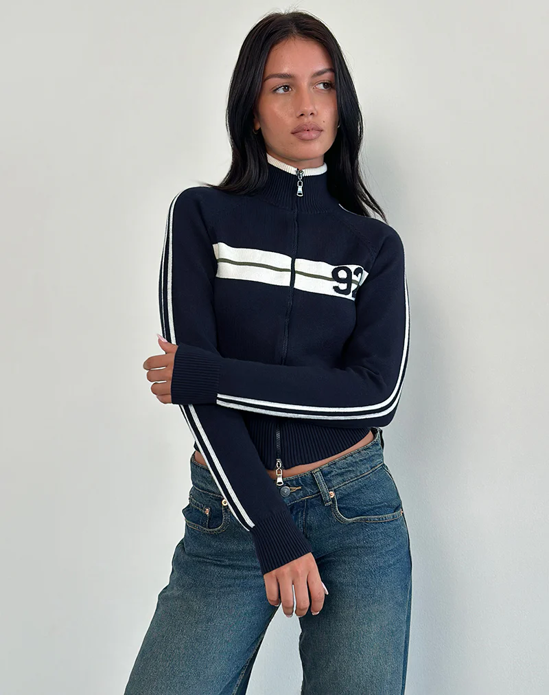 Takiya Zip Through Jacket in Deep Navy with 92 Design - Image 4