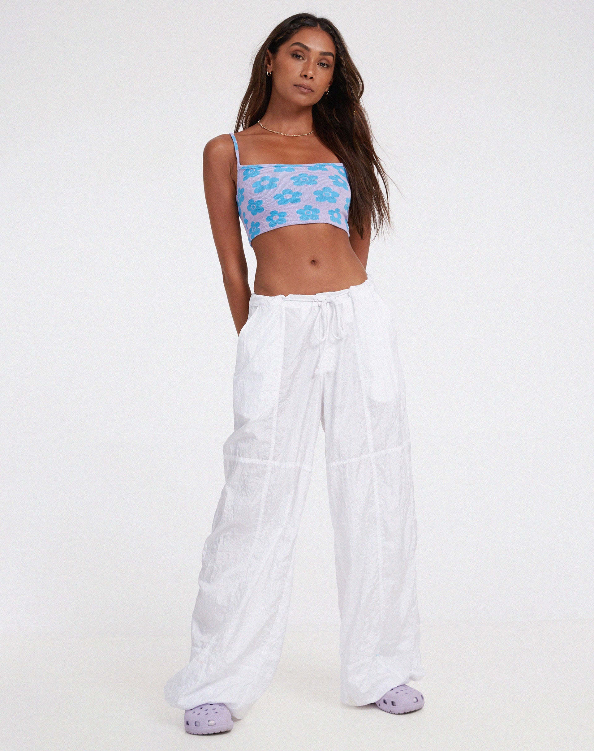 Tala Crop Top in Cute Floral Daisy Lilac and Blue - Image 3