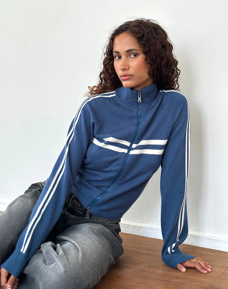 Talisa Sporty Zip Through Jacket In Navy with Ivory Stripes - Image 3