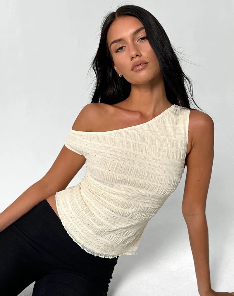 Tamia Asymmetric Top in Sequin Mesh Ivory - Image 4