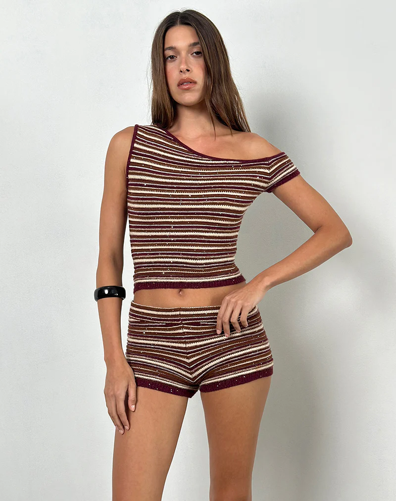 Tamia Off Shoulder Top in Shimmer Stripe Knit Rust - Image 3