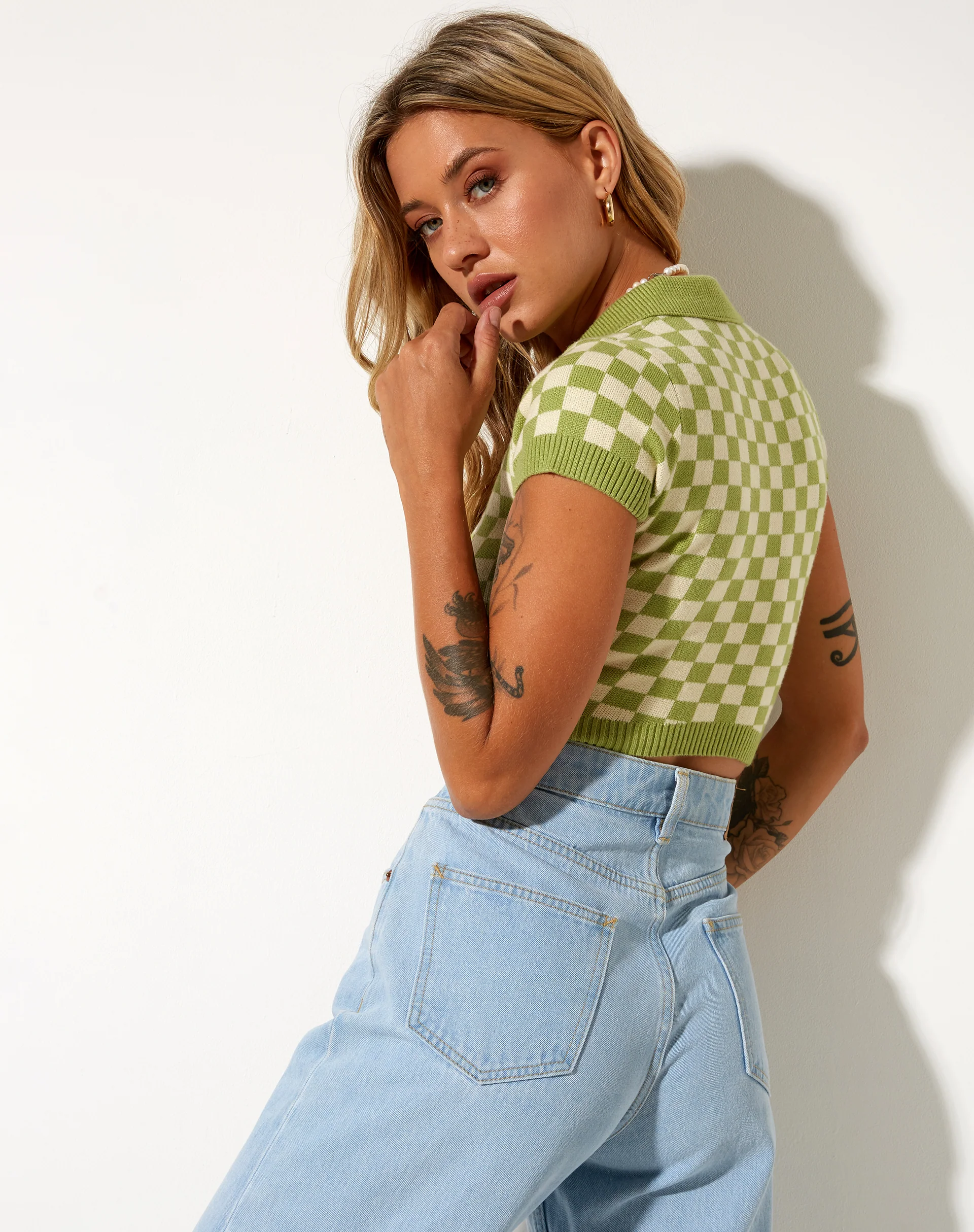 Tamma Crop Top in Crochet Checkerboard Green and Cream - Image 2