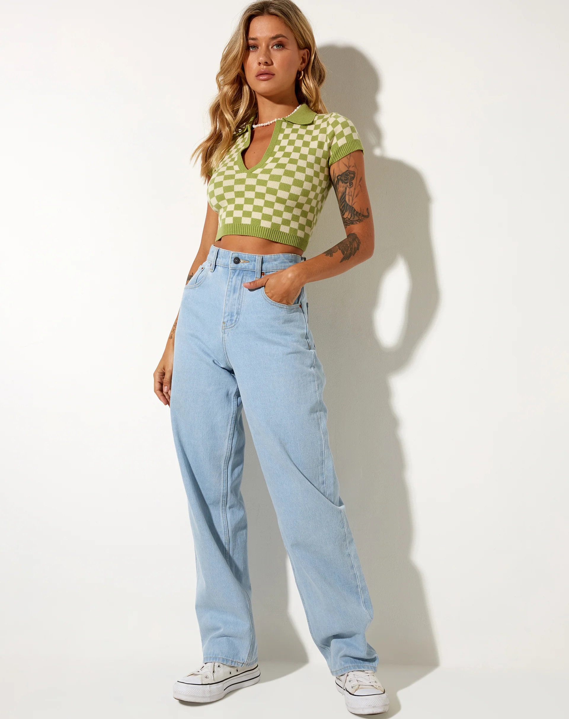 Tamma Crop Top in Crochet Checkerboard Green and Cream - Image 3