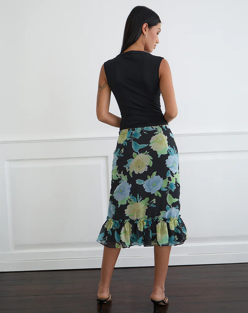 Tarla Midi Skirt in Black Chiffon with Crystal Flower Print - Image 3