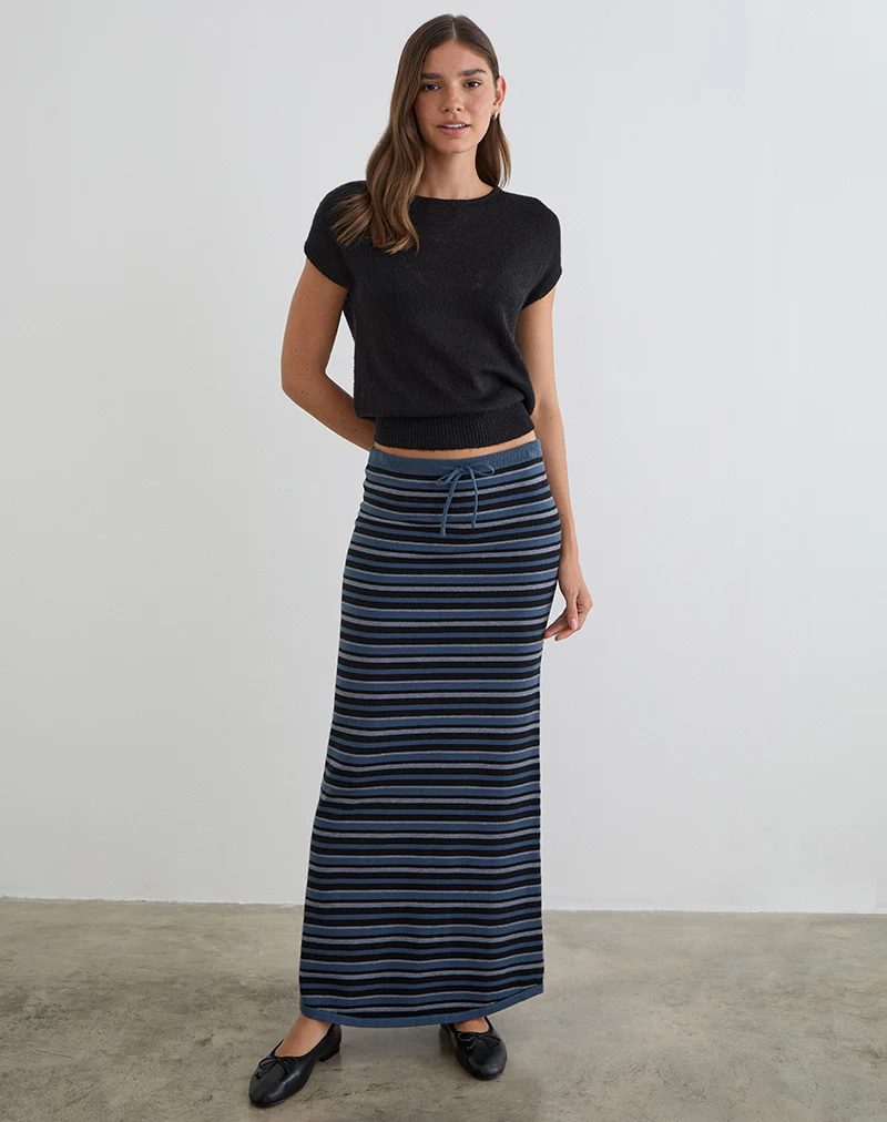 Tarmina Maxi Skirt in Knit Stripe Blue and Grey - Image 3