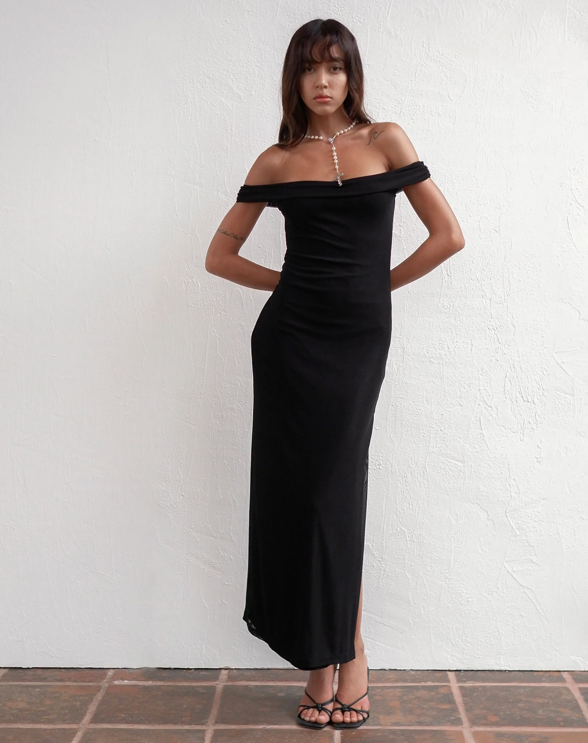 Tarna Bardot Maxi Dress in Mesh Black - Image 6