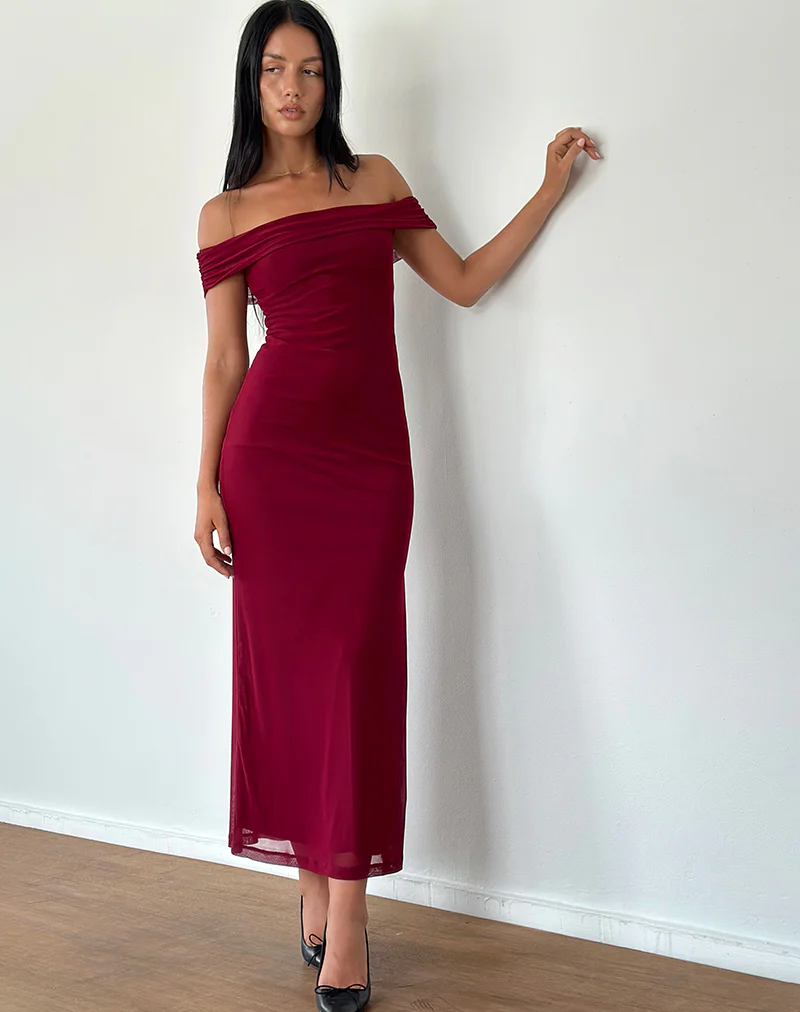 Tarna Bardot Maxi Dress in Mesh Burgundy - Image 2