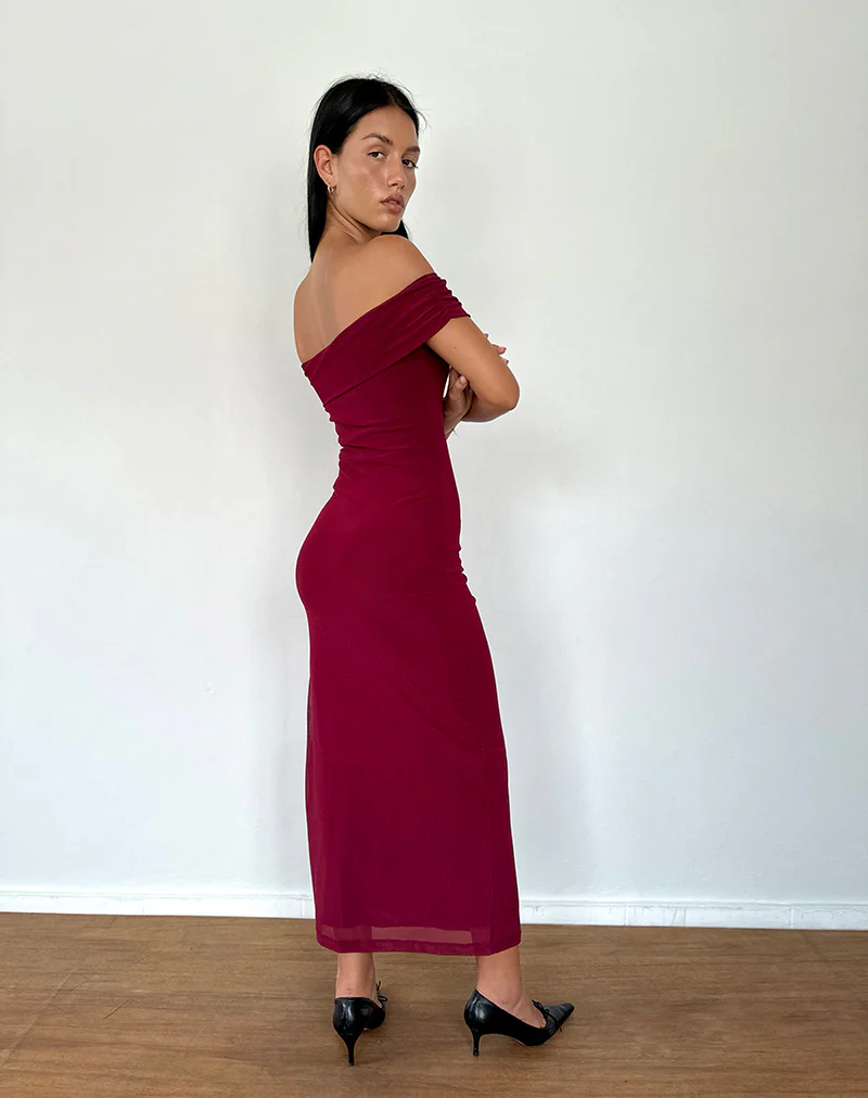 Tarna Bardot Maxi Dress in Mesh Burgundy - Image 3