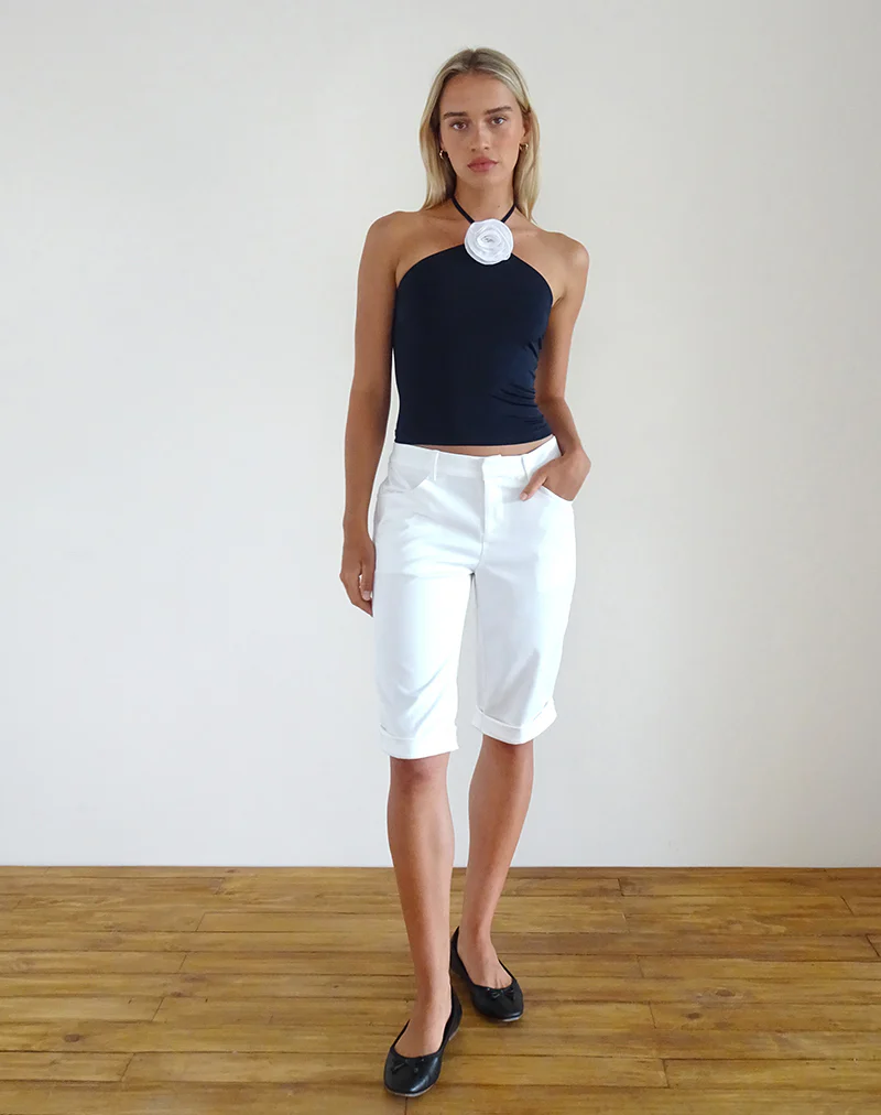 Tarrina Halterneck Top in Dark Navy with White Rosette - Image 4