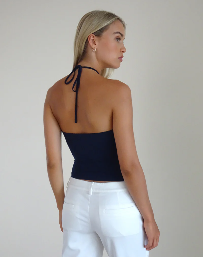 Tarrina Halterneck Top in Dark Navy with White Rosette - Image 5