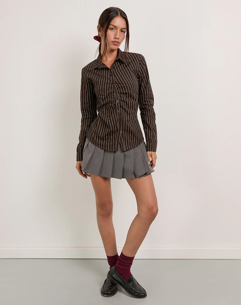 Tarsi Fitted Shirt in Mono Pinstripe Chocolate