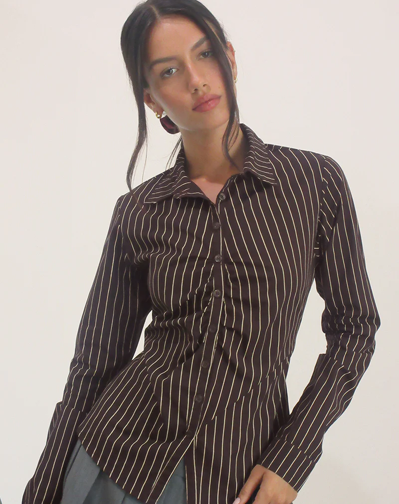 Tarsi Fitted Shirt in Mono Pinstripe Chocolate - Image 3