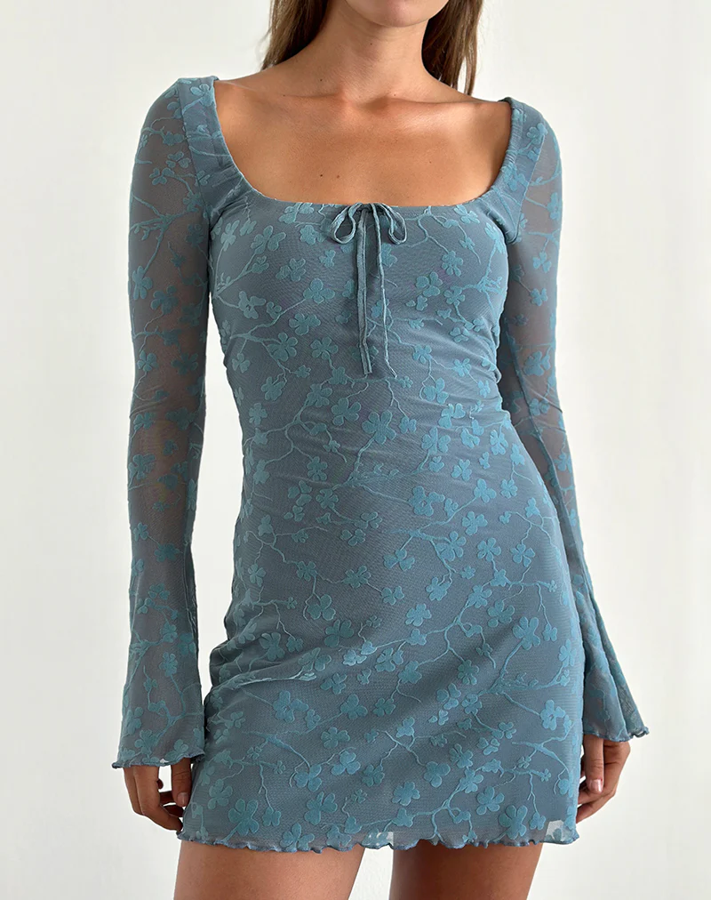 Tatyana Mini Dress in Grunge Floral Blue Grey - Image 4