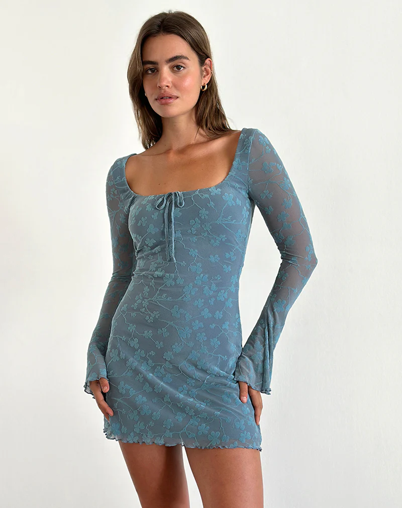 Tatyana Mini Dress in Grunge Floral Blue Grey - Image 5