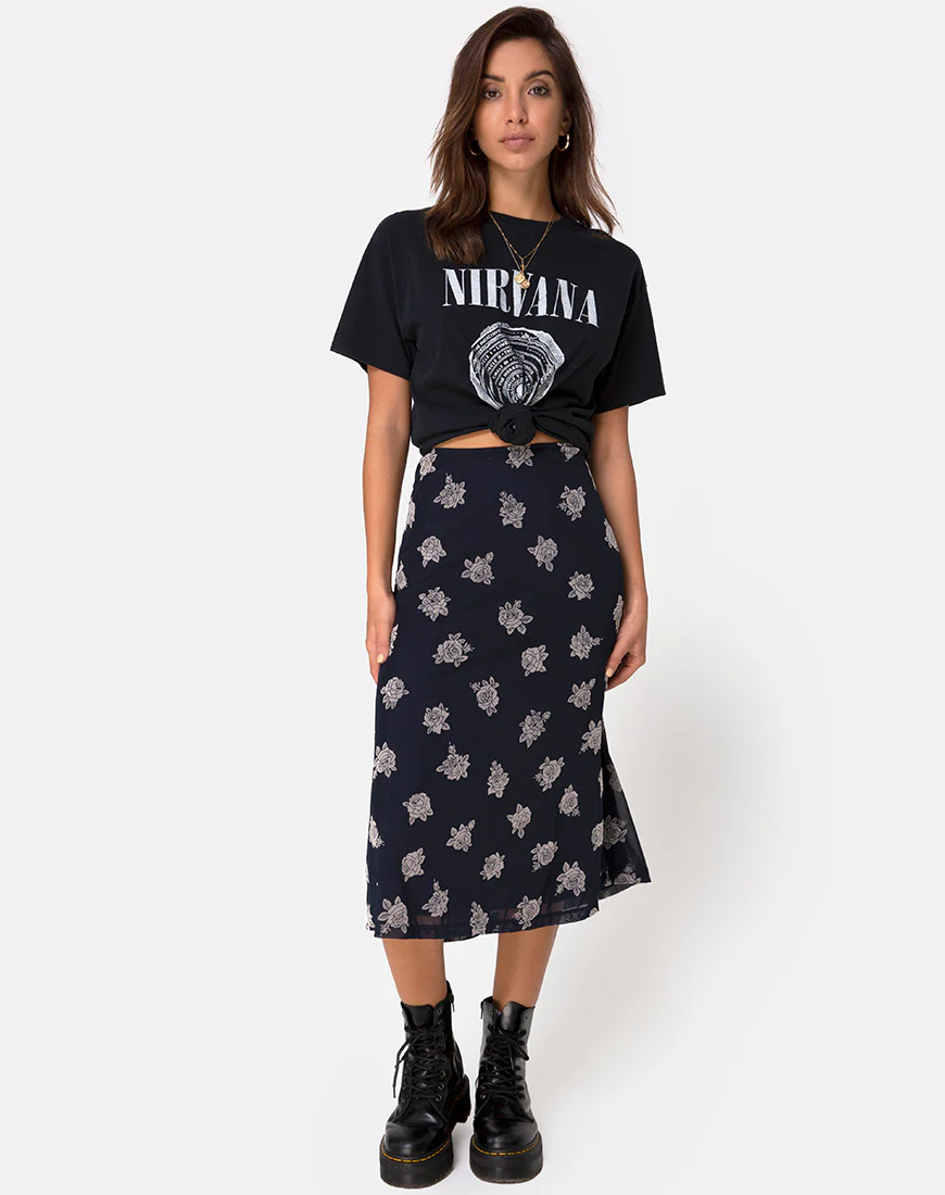 Tauri Midi Skirt in Black Flock Rose - Image 3