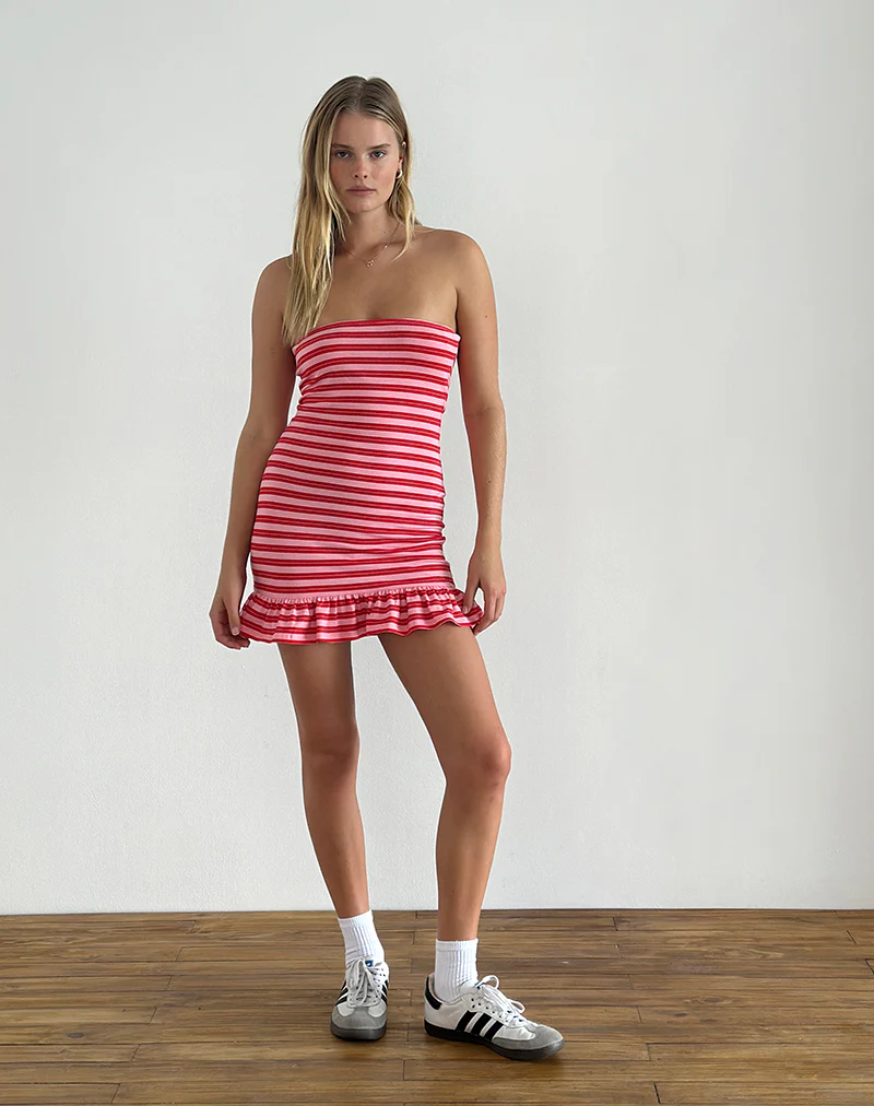 Tav Mini Jersey Dress in Stripe Pink and Red - Image 2