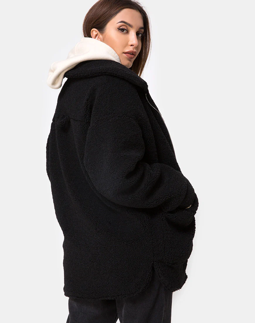Teddy Bear Wool Coat in Black - Image 2