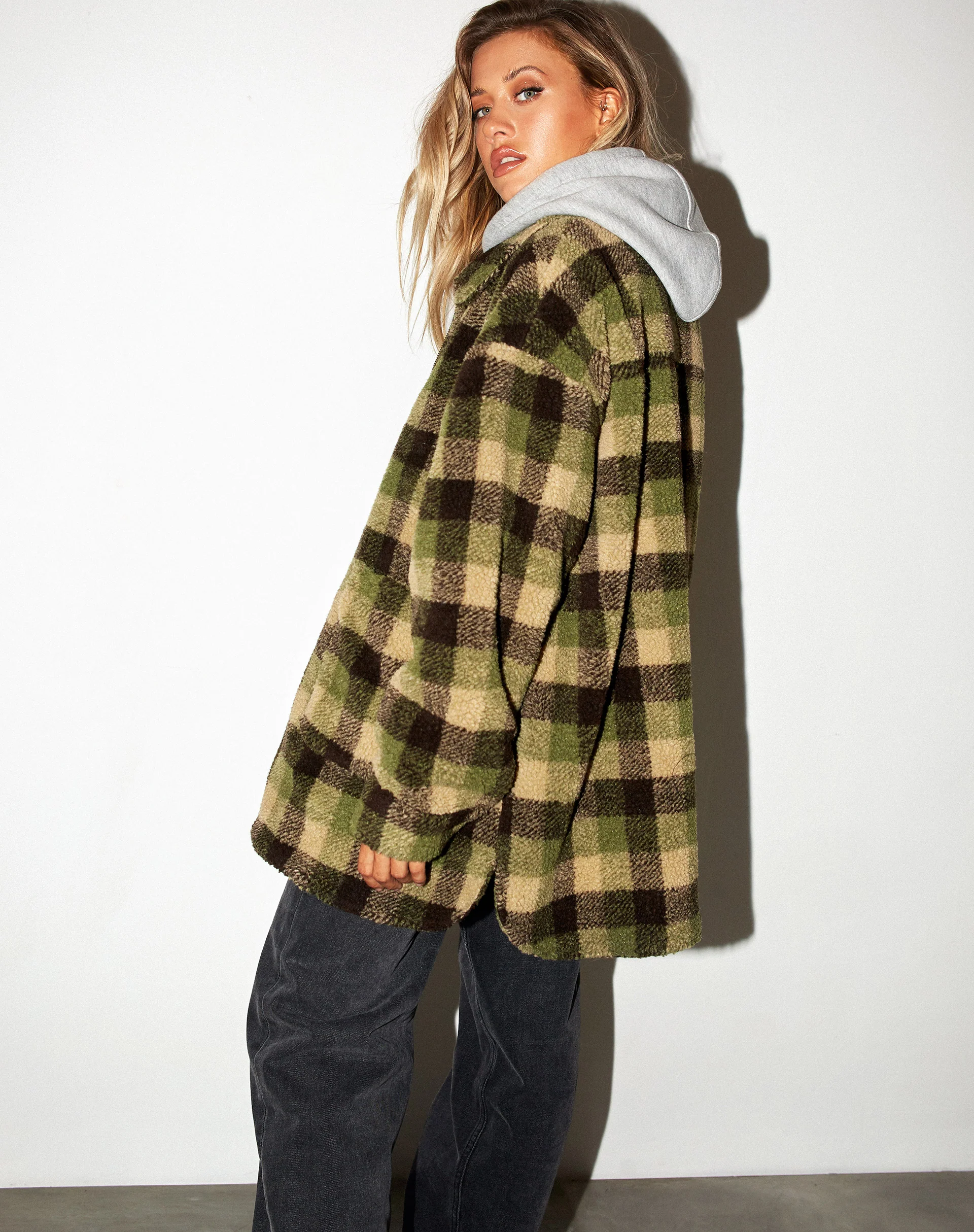 Teddy Coat in Green Check Borg - Image 6