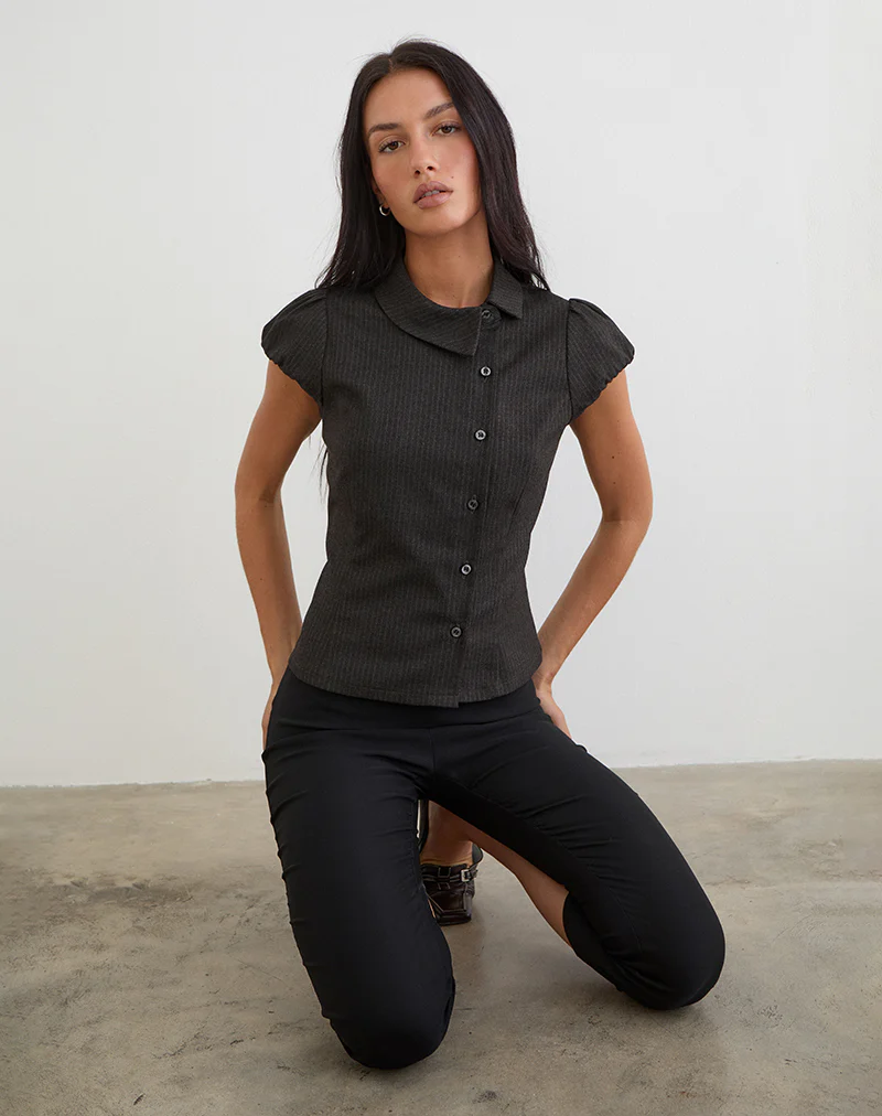 Telese Asymmetric Shirt in Dusky Pinstripe Grey - Image 4