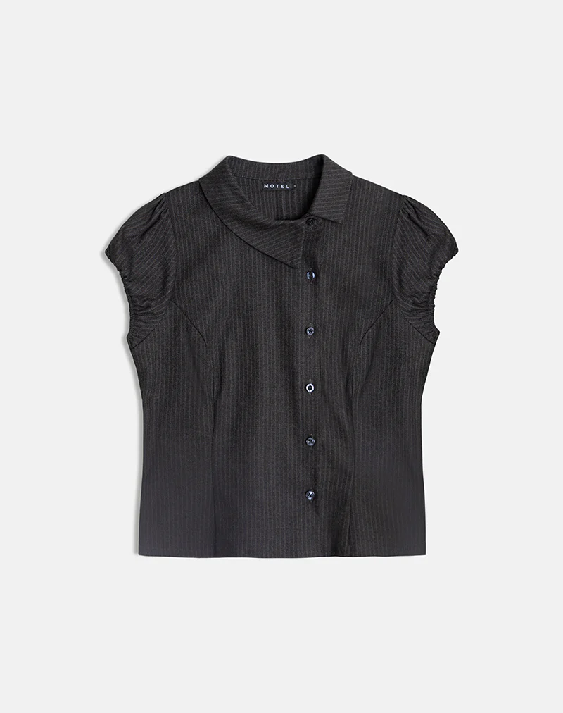 Telese Asymmetric Shirt in Dusky Pinstripe Grey - Image 6