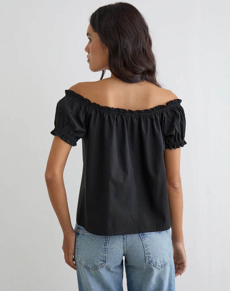 Tempest Bardot Puff Sleeve Top in Poplin Black - Image 4