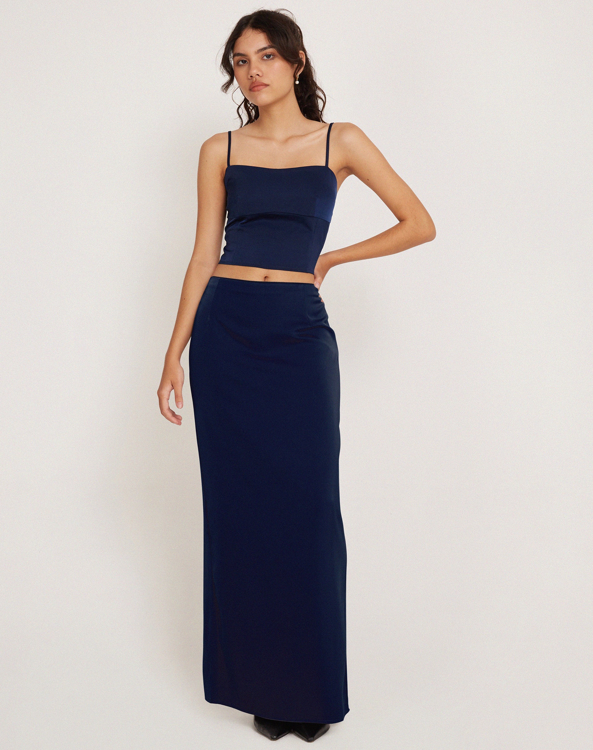 Tenley Crop Top in Satin Midnight Navy Blue - Image 3