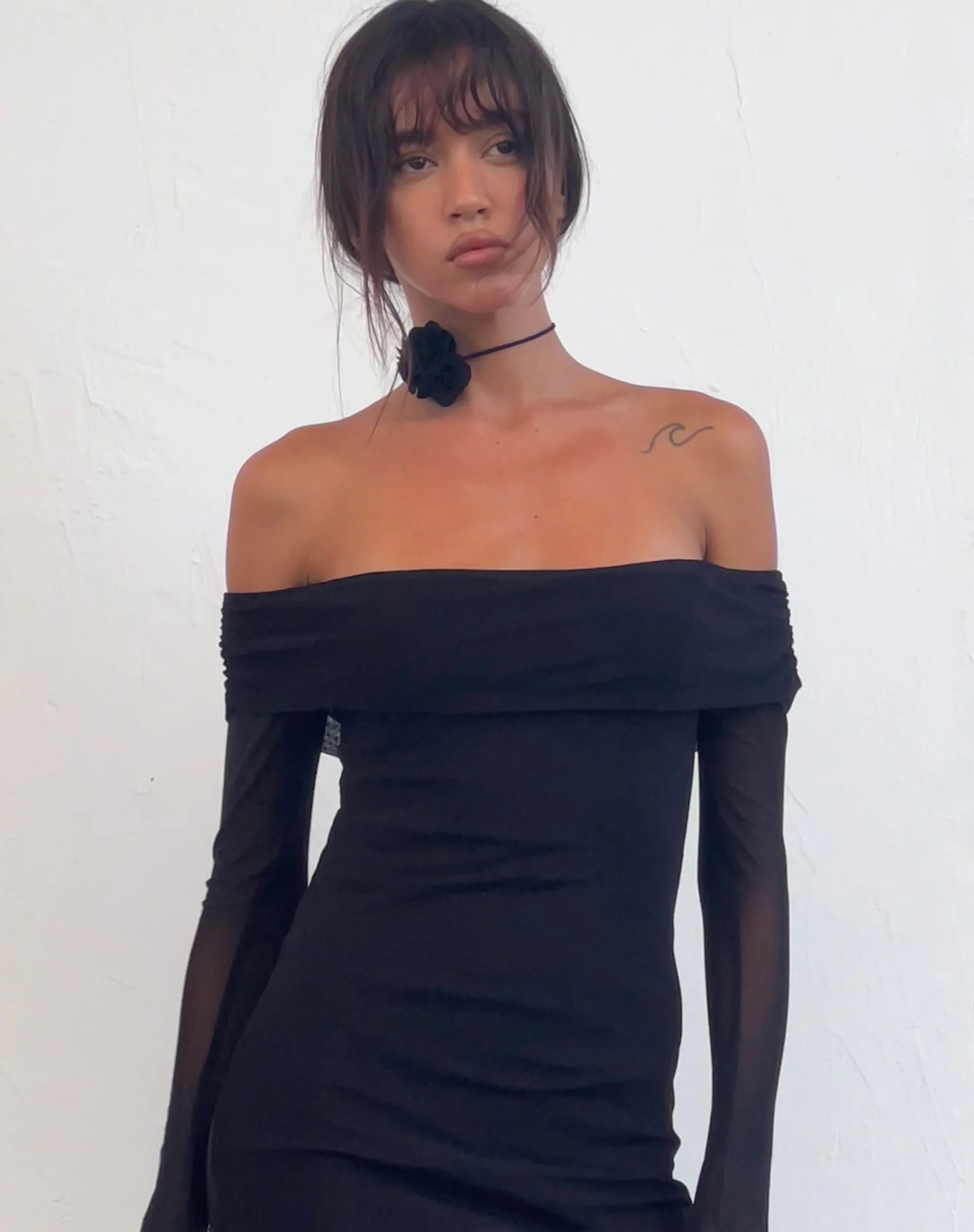 Terika Bardot Long Sleeve Maxi Dress in Mesh Black - Image 5