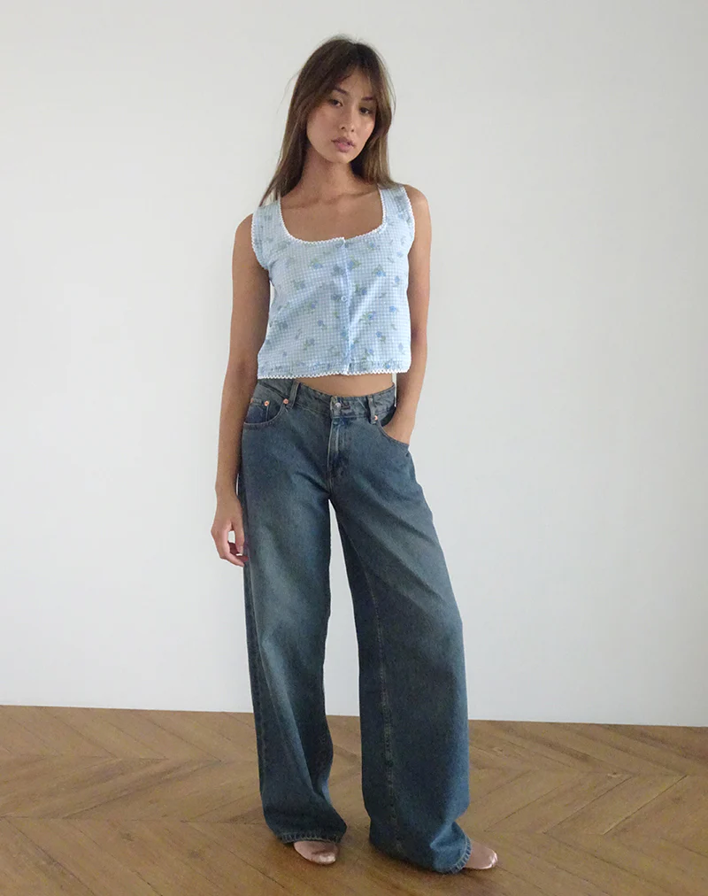 Ternya Top in Blue Flower Gingham - Image 2