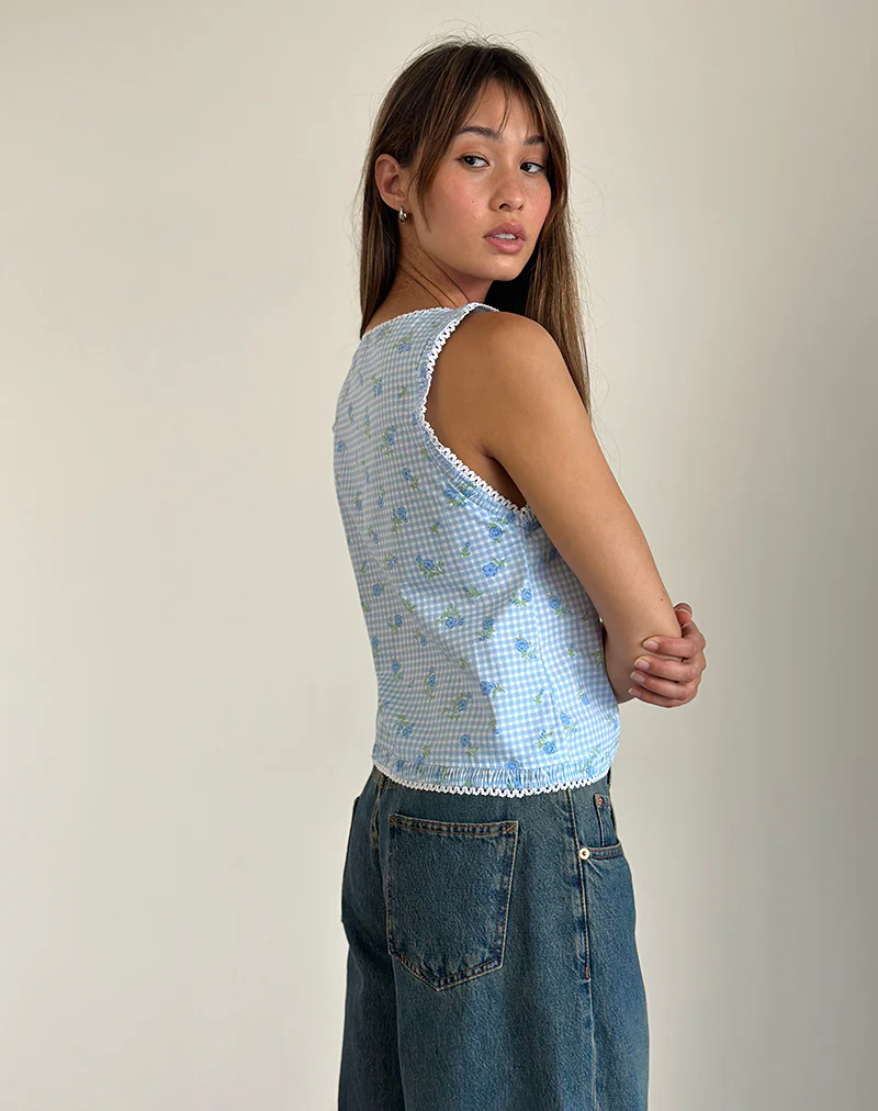 Ternya Top in Blue Flower Gingham - Image 4