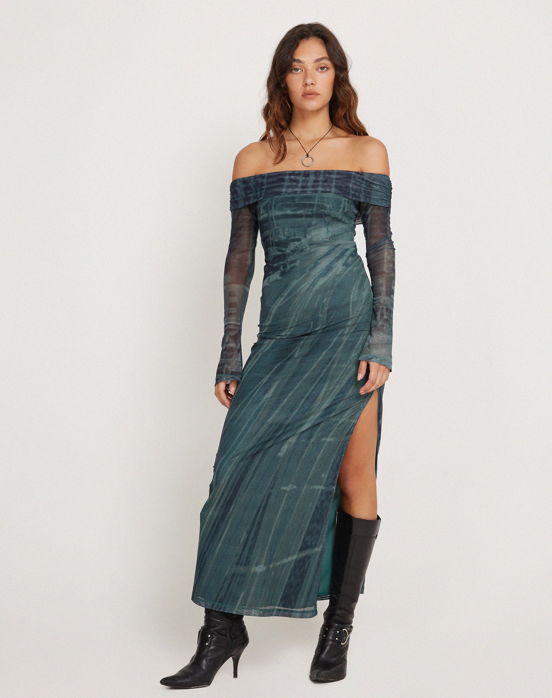 Terra Bardot Midi Dress in Cityscape Green - Image 4