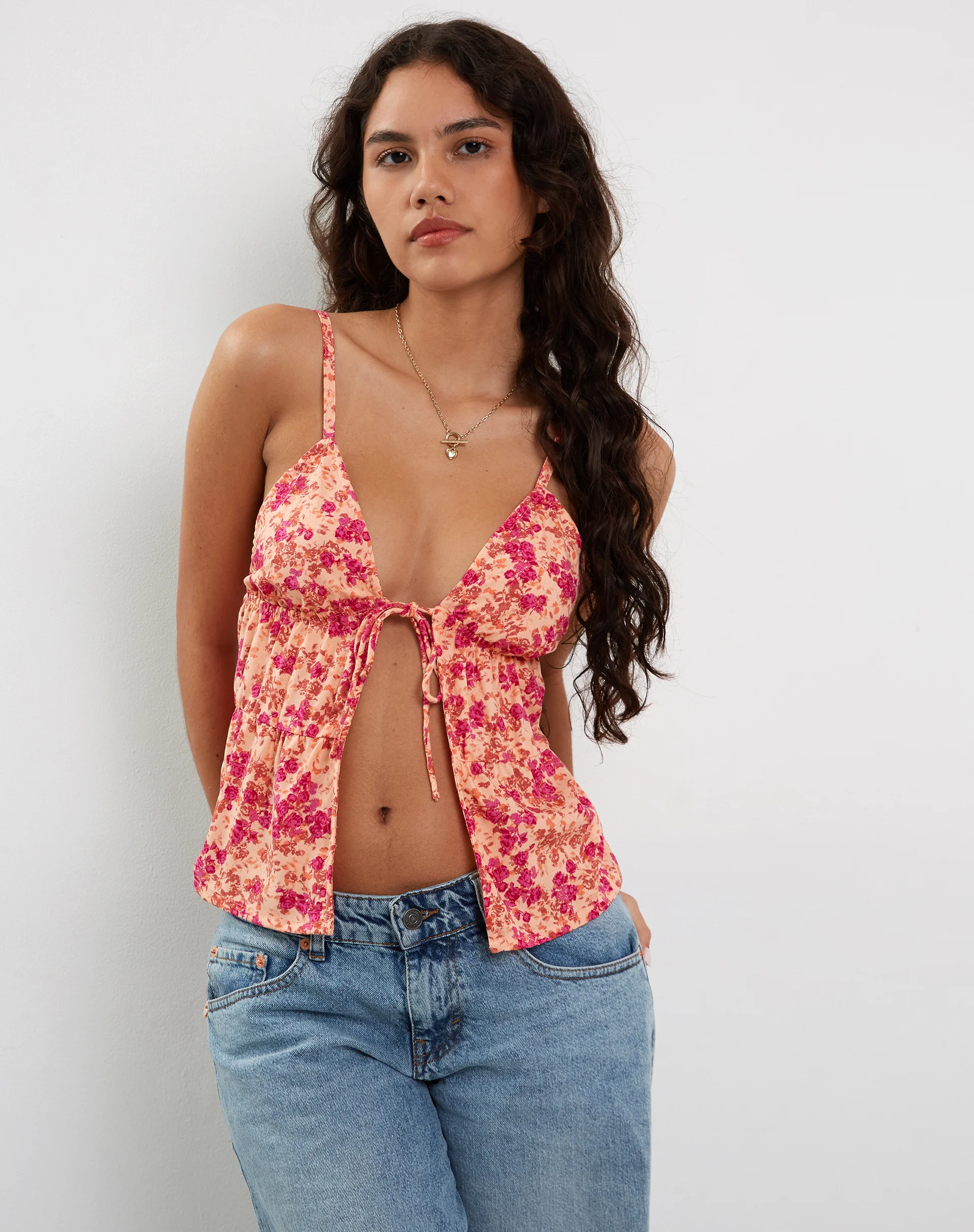 Tezza Tie Front Cami Top in Dark Wild Flower Cantaloupe - Image 3