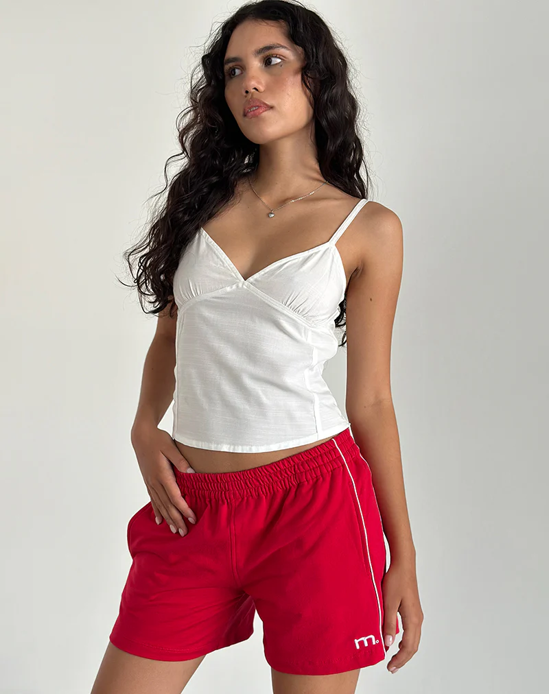 Thera Shorts in Tango Red with Off White Piping and M Emb - Image 2