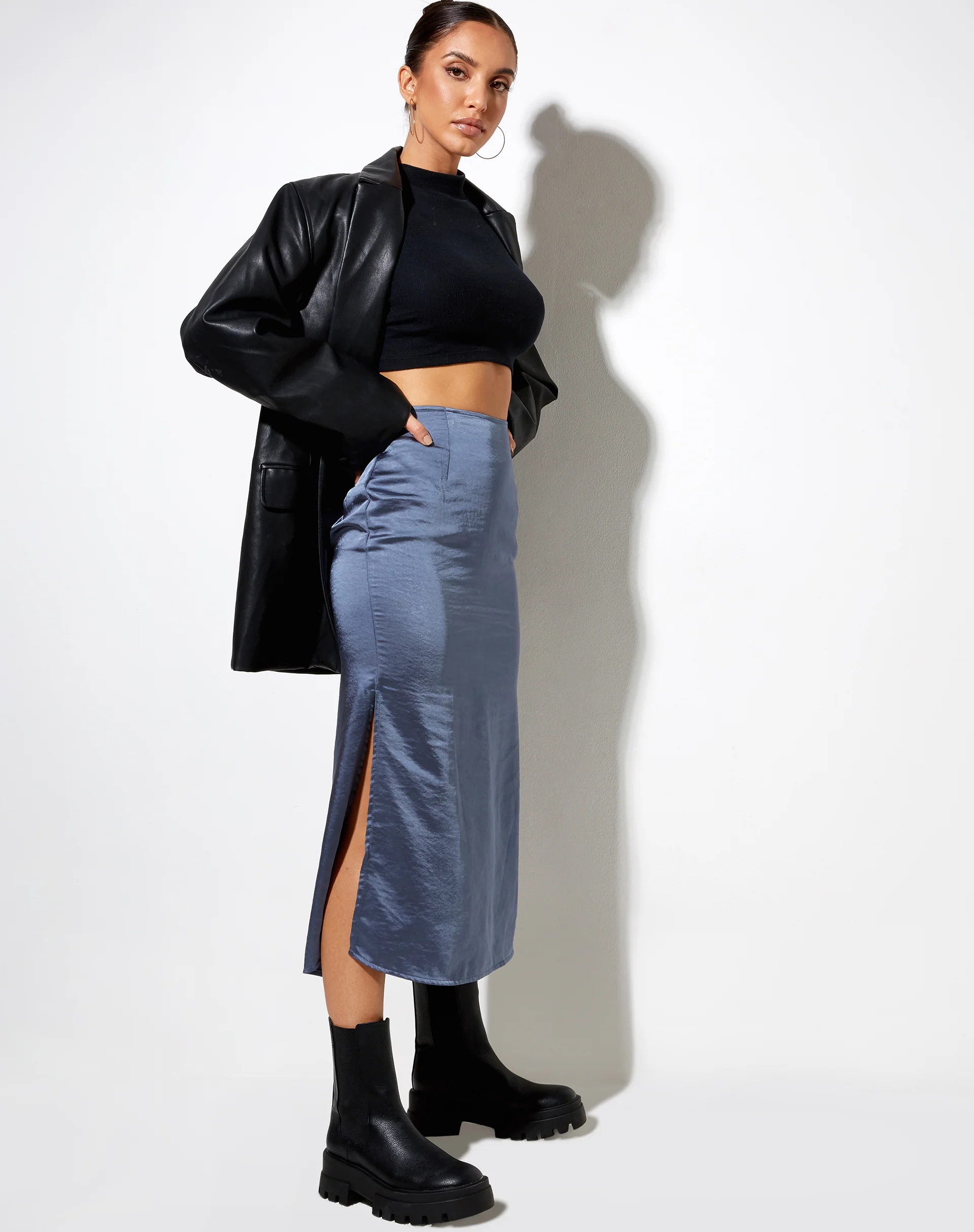 Tindra Midi Skirt in Satin Slate Blue - Image 2
