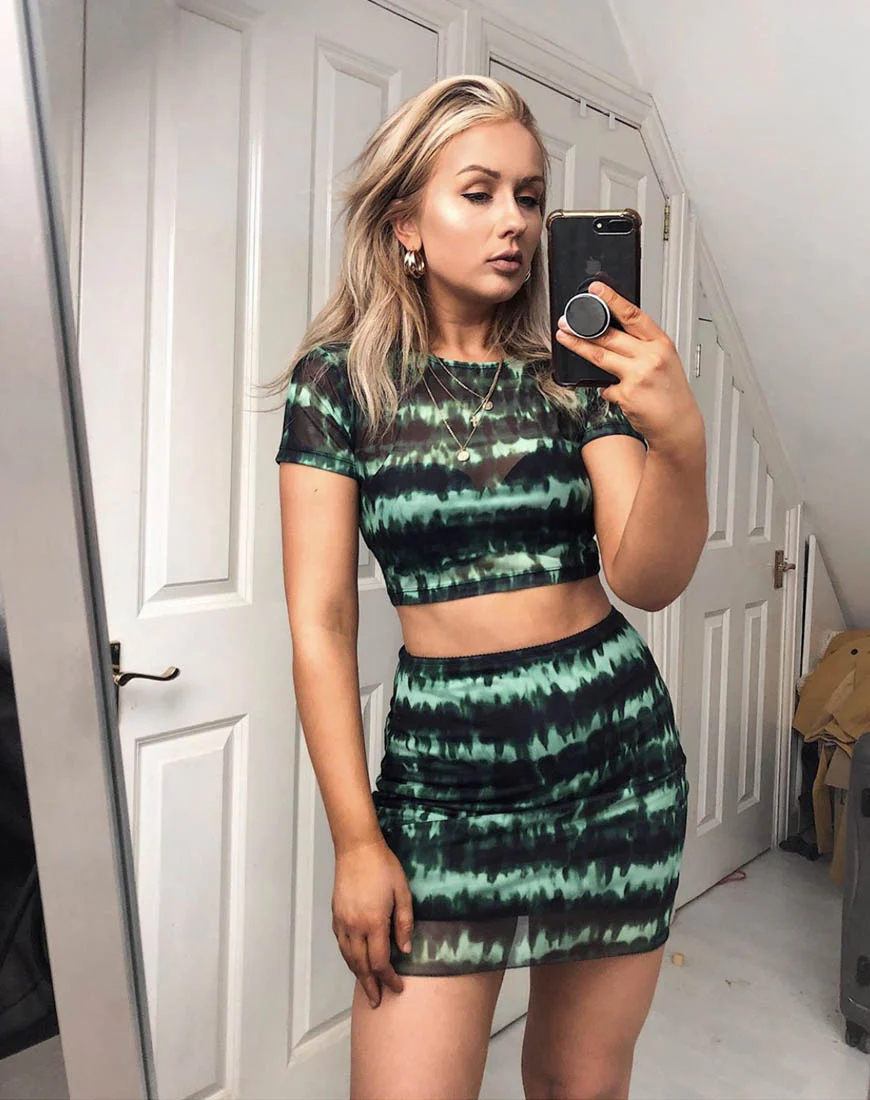 Tindy Crop Top in Tie Dye Turquoise Mesh - Image 2