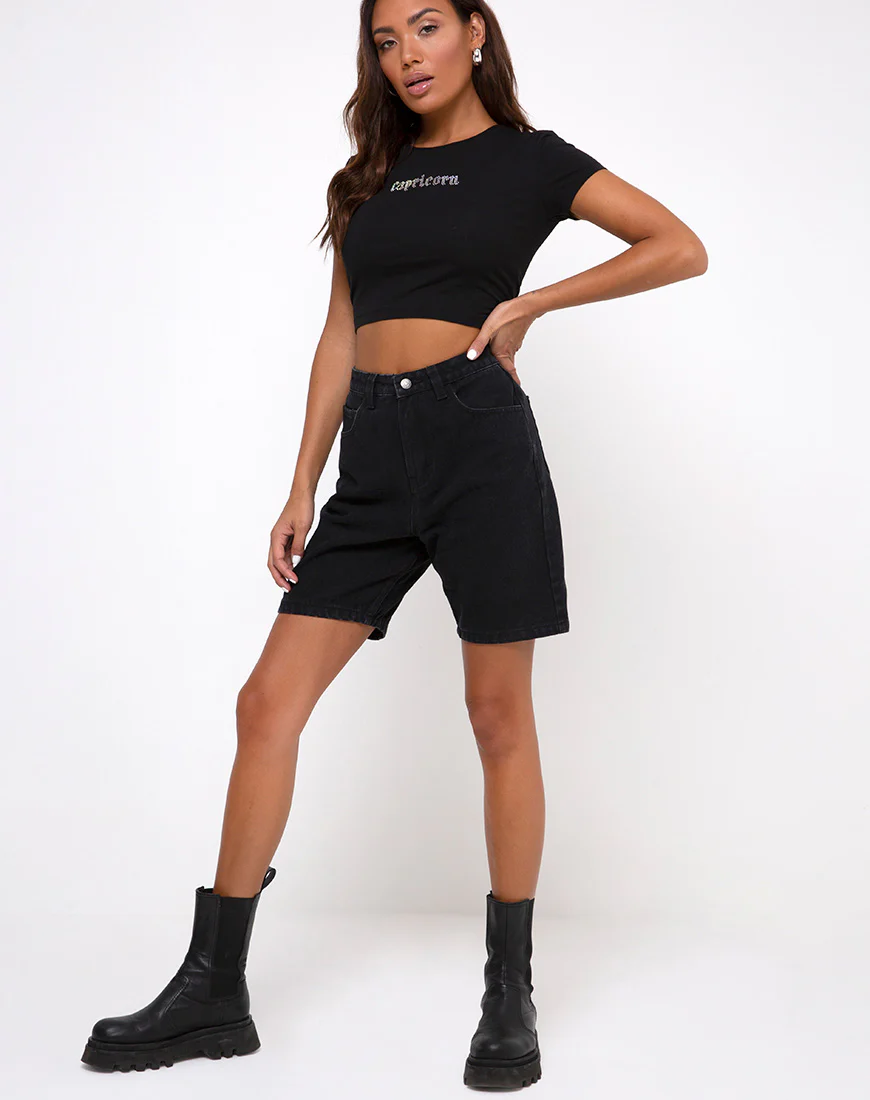 Tiney Crop Top Tee in Black 'Capricorn' Diamante by Motel - Image 3