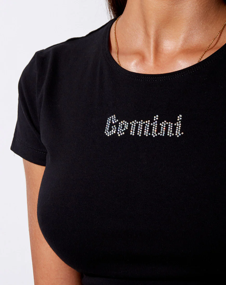 Tiney Crop Tee in Black 'Gemini' Diamante - Image 2