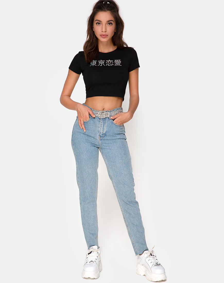 Tiney Crop Top Tee in Black with Diamante Hotfix - Image 4
