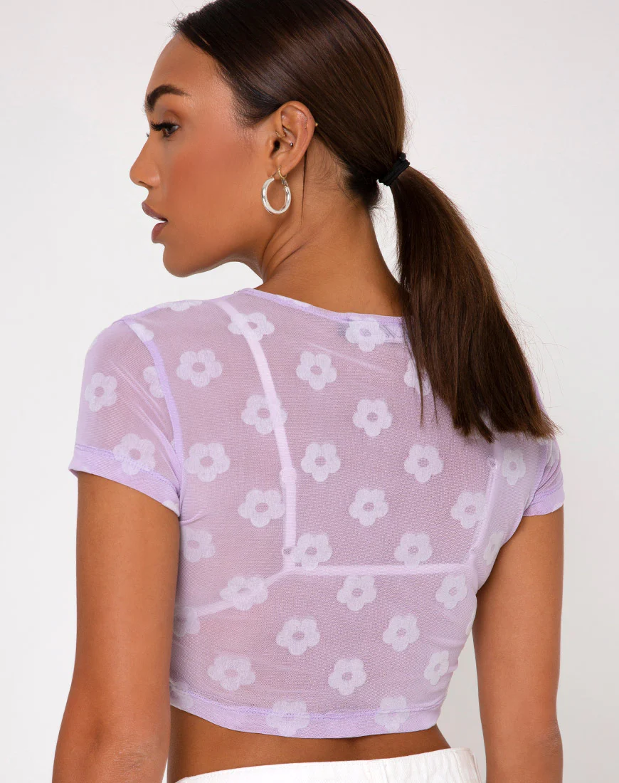 Tiney Crop Tee in Lilac Mesh Daisy White Flock - Image 5