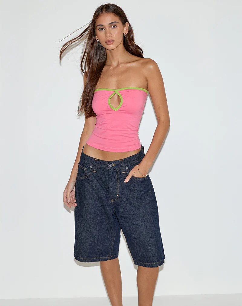 Tiria Cutout Bandeau Top in Bubble Gum with Leaf Green Binding - Image 2