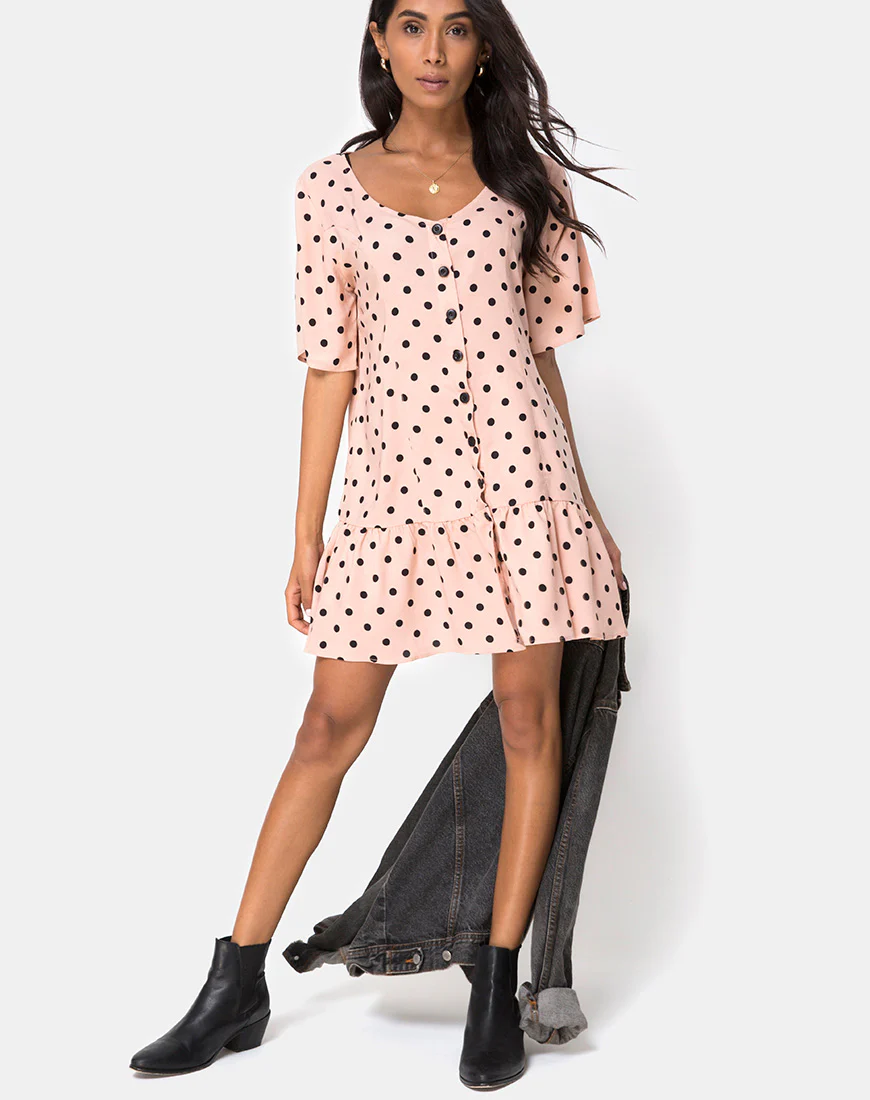Tisha Babydoll Dress in New Polka Nude Black - Image 3