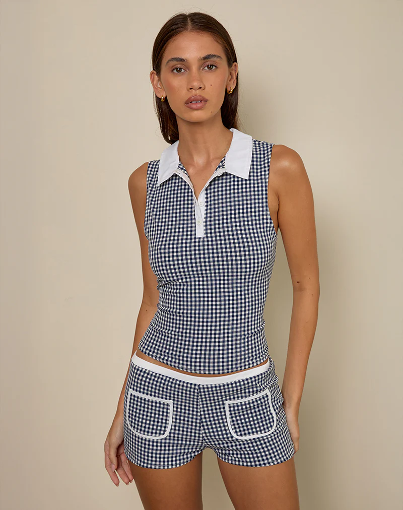 Tisuka Polo Top in Seersucker Gingham Navy - Image 4
