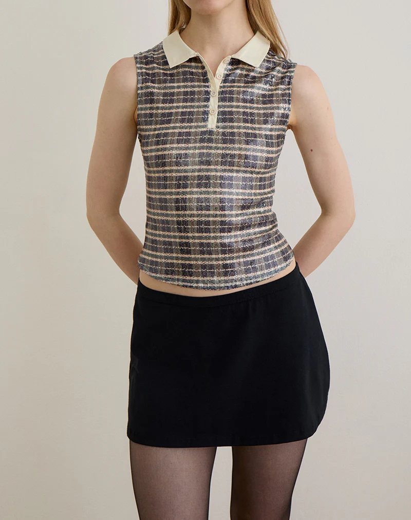 Tisuka Polo Top in Sequin Vintage Check Brown - Image 3