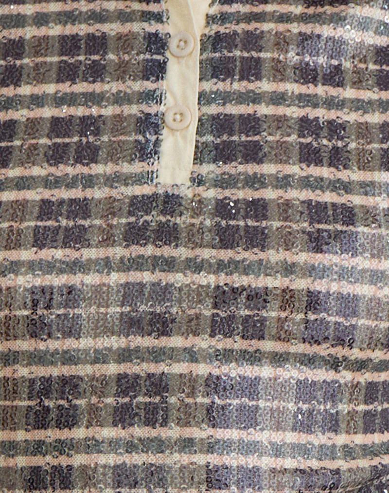 Tisuka Polo Top in Sequin Vintage Check Brown - Image 5