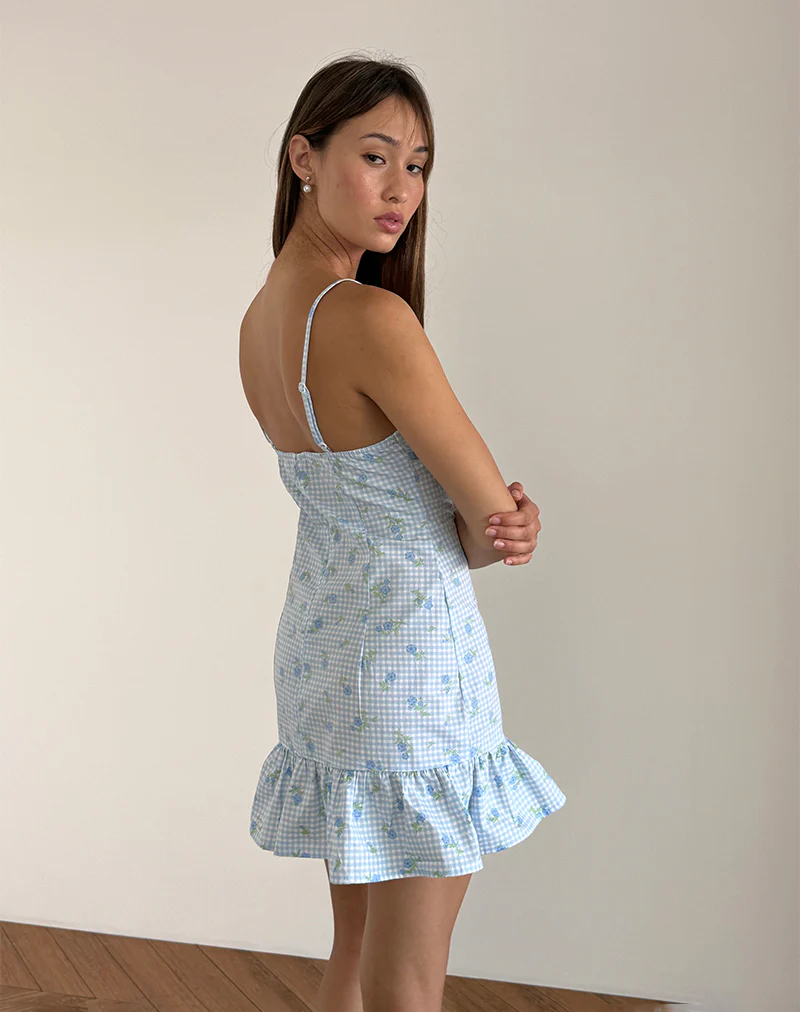 Tivata Mini Dress in Blue Flower Gingham - Image 4
